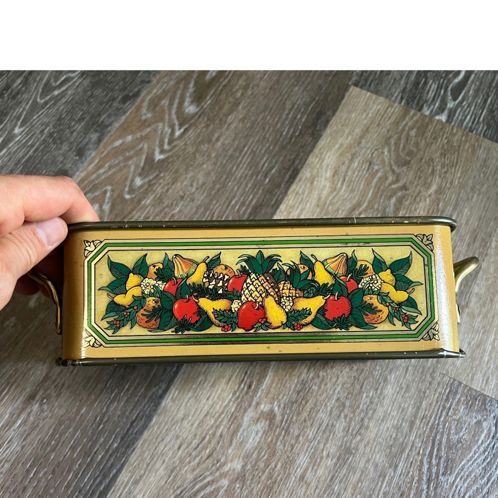Vintage Metal pyrex serving Box Medium Yellow Green Pineapple Motif